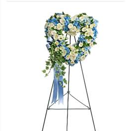 White and Blue Heart-Shaped Funeral Standing Spray