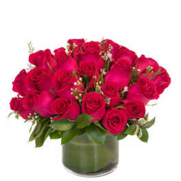24 Red Roses compact in a square glass vase