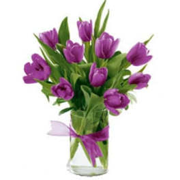 10 Purple Tulips arranged in a vase.