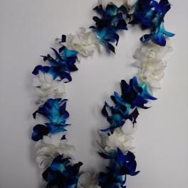 Blue and white orchid flower lei arranged in an oval shape on a white background