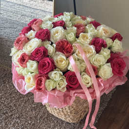 Basket of 50 roses pink and white with ribbon
