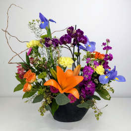 Colorful arrangement of orange lily, purple orchids, yellow carnations, and blue irises in a black bowl.