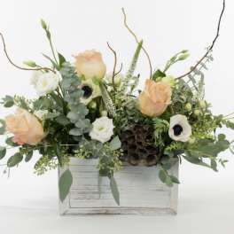 Peach and white roses in a white wooden box with greenery