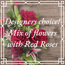 Bouquet of red roses and pink lilies with white text overlay