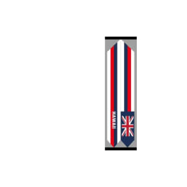 Vertical ribbon with red, white, and blue stripes and a Hawaii label