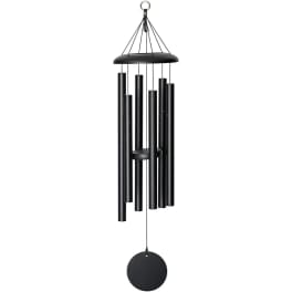 Black metal wind chime with hanging tubes and a round striker