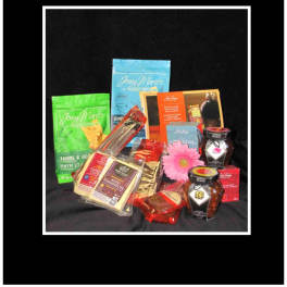 Assorted packaged food gifts with a pink daisy accent