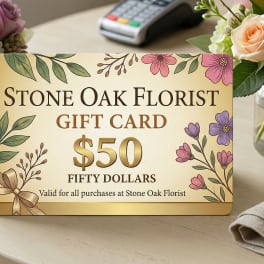 Fifty-dollar Stone Oak Florist gift card with floral illustration, set between two small rose and hydrangea vases.