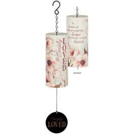 Two hanging memorial wind chimes with floral prints and the words "Deeply Loved"