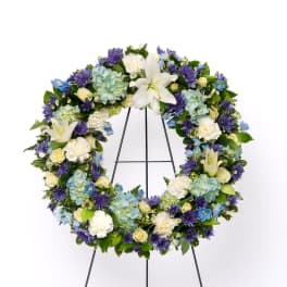 Our Gentle Thoughts Collection: 18" Open Wreath of White & Blue Blooms