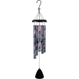 Black hanging wind chime with floral-patterned tubes and a clapper