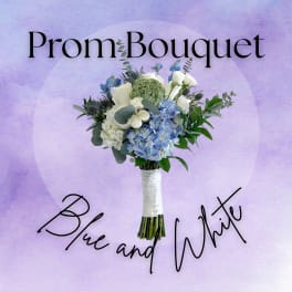 Blue and white prom bouquet with hydrangeas and roses