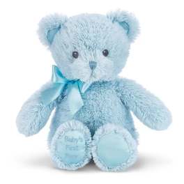 Light blue teddy bear with a satin bow and "Baby's First Bear" on its foot