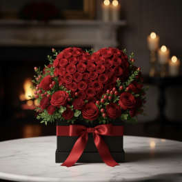 Heart-shaped red rose arrangement in a black box with a red ribbon
