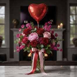 Red and pink rose bouquet in a glass vase with a heart balloon