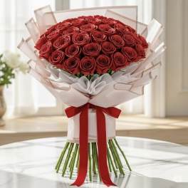 Large bouquet of red roses wrapped in pale paper with a red ribbon