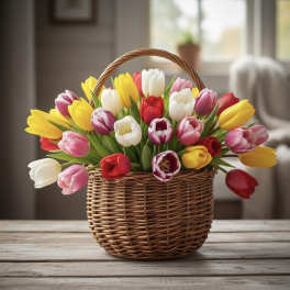 Basket of multicolored tulips on a table