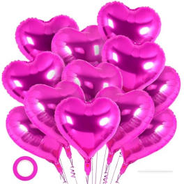 Cluster of shiny pink heart-shaped balloons on white background