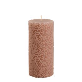 Pink decorative pillar candle with floral cutout pattern