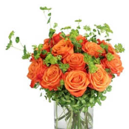 Orange roses in a clear glass vase with green filler