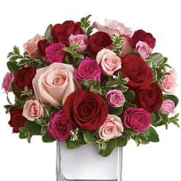 Mixed pink and red roses arranged in a clear square vase