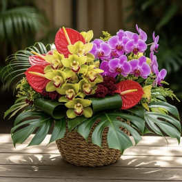 Tropical flower arrangement with orchids and red anthuriums in a woven basket
