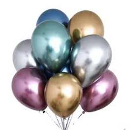 Cluster of metallic balloons in blue, gold, silver, and purple