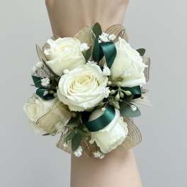 White Rose Corsage with Emerald Green & Gold Ribbon