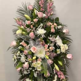 Tall standing floral spray with pink roses and white chrysanthemums