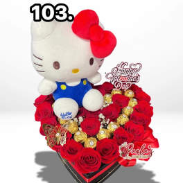 Hello Kitty plush in a heart-shaped rose and chocolate arrangement