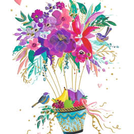 Colorful get well greeting card with a bright painted flower bouquet, birds, and gifts in a blue patterned pot.