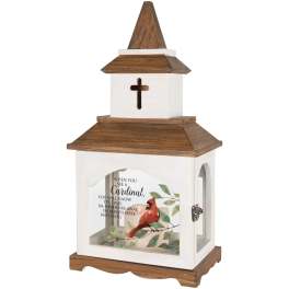 Decorative white lantern with a cardinal and memorial message