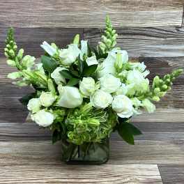 White roses and snapdragons with green accents arranged in a clear glass cube vase