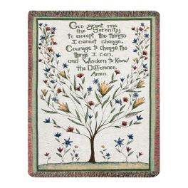 Decorative woven throw with a tree and Serenity Prayer text