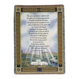 Religious woven throw blanket with Psalm 23 text and lambs under sun rays in a pastoral scene