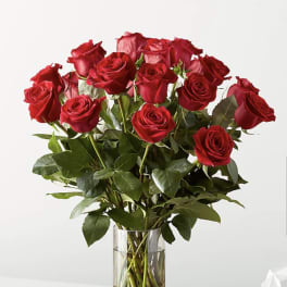 Red roses arranged in a clear glass vase