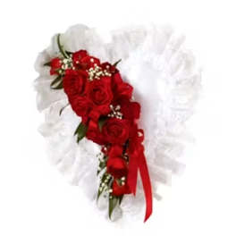 Red rose bouquet with white tulle and a red ribbon