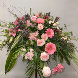 Pink and white floral spray with roses and gerbera daisies