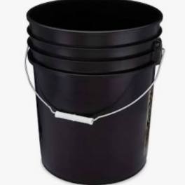 Black plastic bucket with a metal handle