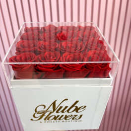Box of red roses in a clear acrylic lid box