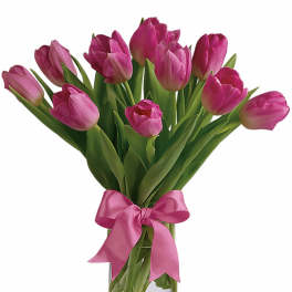 Pink tulip bouquet in a clear glass vase with a pink ribbon bow