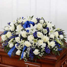 Blue and white Casket Spray