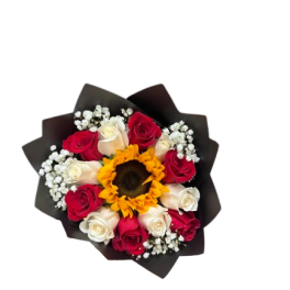 Hand-tied bouquet with a central sunflower, red and white roses, and baby's breath in black paper wrapping