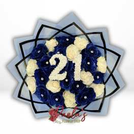 Blue and white rose bouquet arranged around the number 21