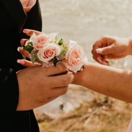 Pink rose wrist corsage being fastened on an arm