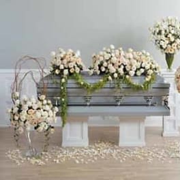 Monochromatic Casket Spray, Easel Wreath, Dual Vase Arrangements