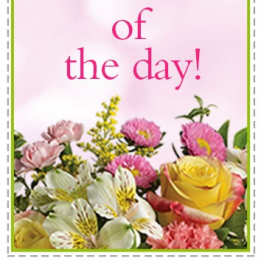 Promotional card with pink text above a bright mixed bouquet of yellow, white, and pink flowers
