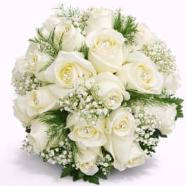 Bouquet of white roses with baby's breath and greenery
