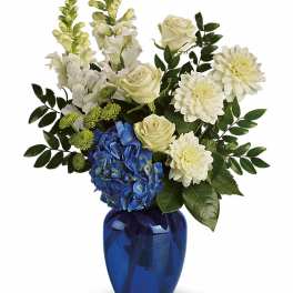 White and blue flower arrangement with roses, hydrangea, and snapdragons in a cobalt blue glass vase