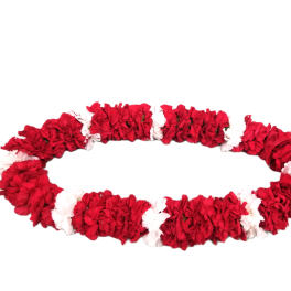 Red and white carnation lei with a ribbon bow